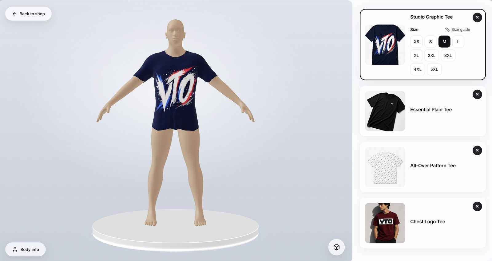 The AKLIL try-on studio showing a garment fitting on a 3D body, with size options.